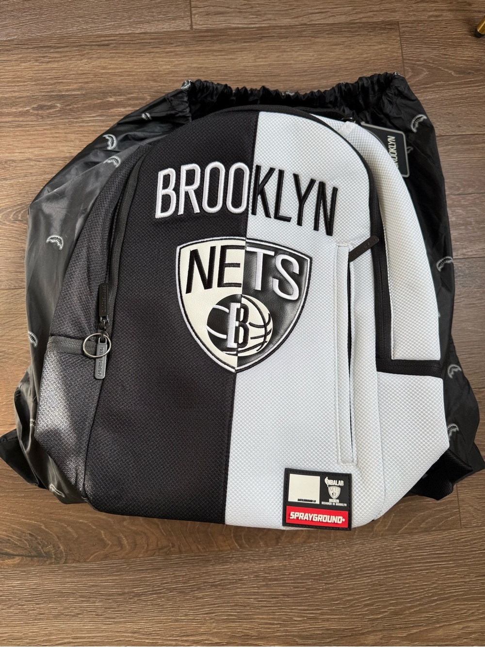 Sprayground Black and White Brooklyn Nets Split-Panel Backpack